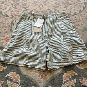 Garnet Hill Green and White Striped Women's Linen Shorts